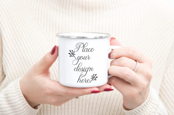 Enamel Mockup Woman Holding Campfire Mug for Mugs Amp